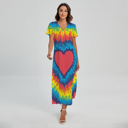 Rainbow Heart Tie Dye Print Short Sleeve Maxi Dress