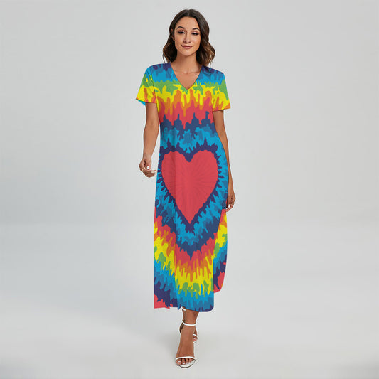 Rainbow Heart Tie Dye Print Short Sleeve Maxi Dress