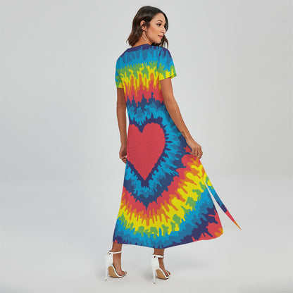 Rainbow Heart Tie Dye Print Short Sleeve Maxi Dress