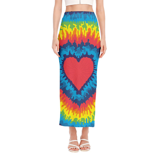 Rainbow Heart Tie Dye Print Side Slit Maxi Skirt