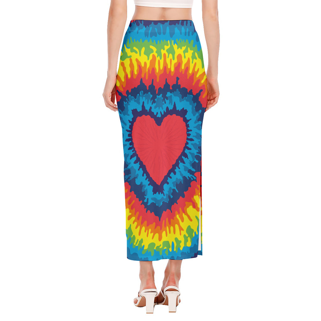 Rainbow Heart Tie Dye Print Side Slit Maxi Skirt