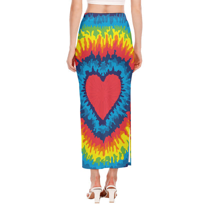 Rainbow Heart Tie Dye Print Side Slit Maxi Skirt