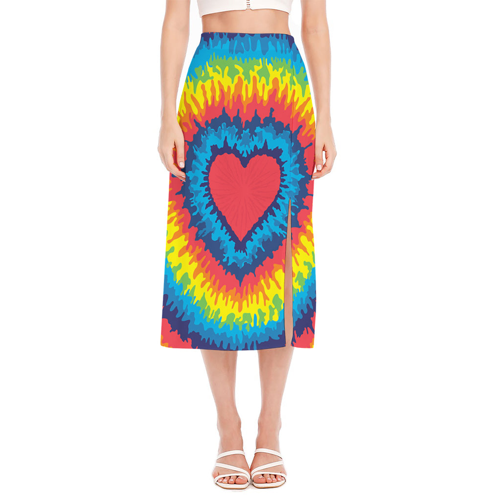 Rainbow Heart Tie Dye Print Side Slit Midi Skirt