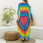 Rainbow Heart Tie Dye Print Silk V-Neck Kaftan Dress