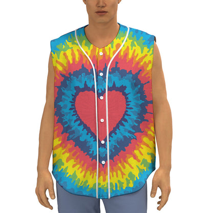 Rainbow Heart Tie Dye Print Sleeveless Baseball Jersey