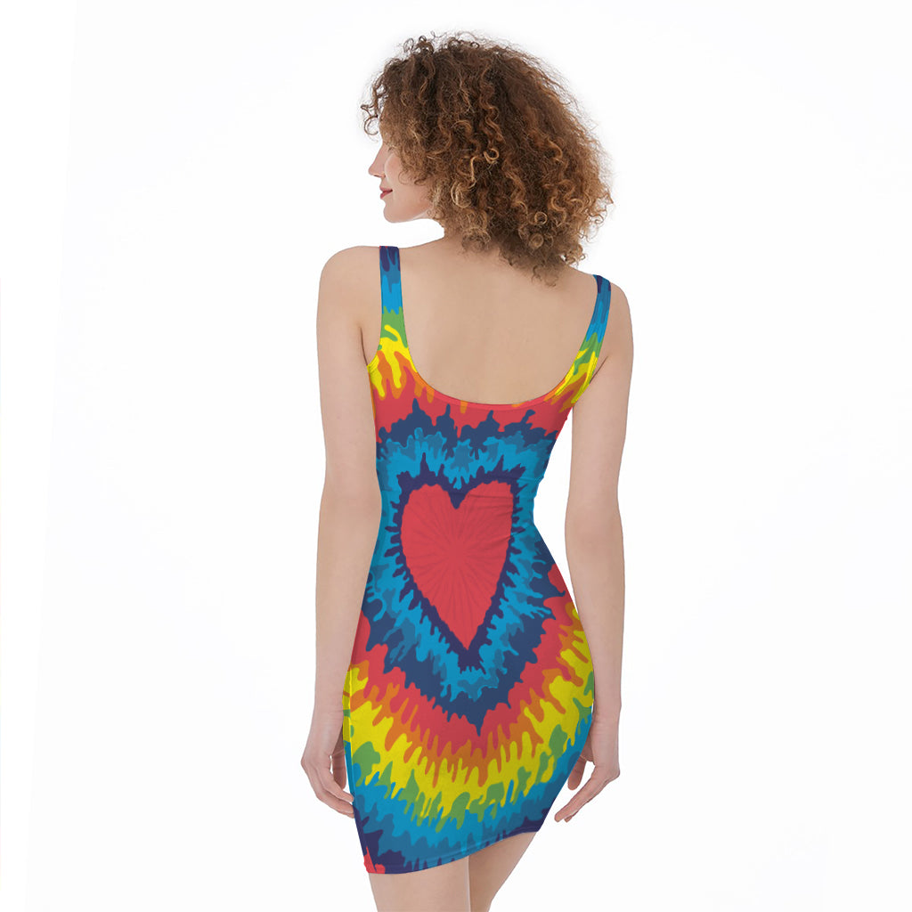 Rainbow Heart Tie Dye Print Sleeveless Bodycon Dress