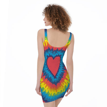 Rainbow Heart Tie Dye Print Sleeveless Bodycon Dress