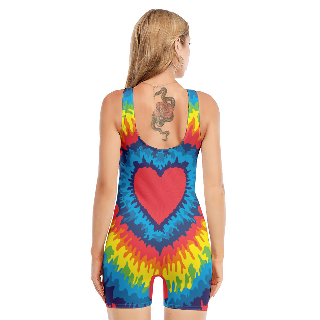 Rainbow Heart Tie Dye Print Sleeveless One Piece Swimsuit