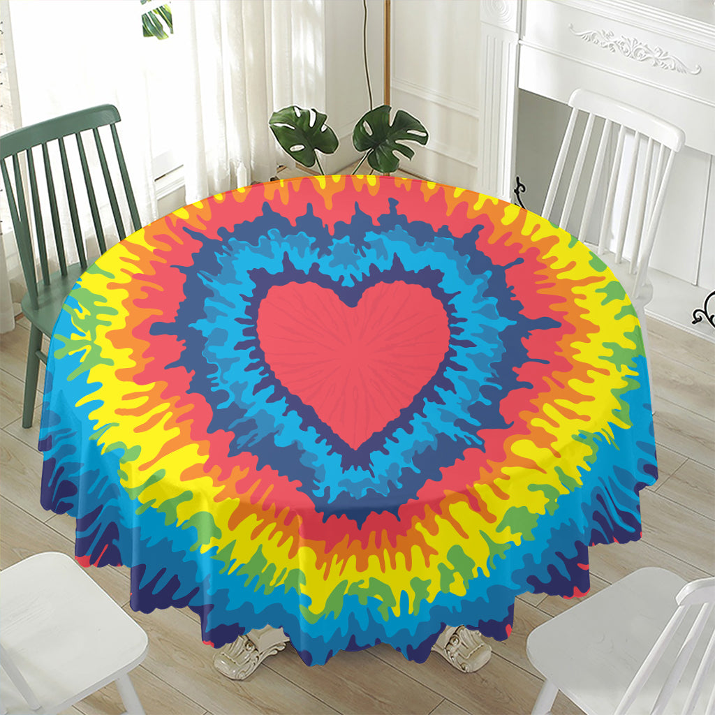 Rainbow Heart Tie Dye Print Waterproof Round Tablecloth