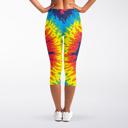 Rainbow Heart Tie Dye Print Women's Capri Leggings