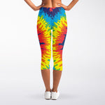 Rainbow Heart Tie Dye Print Women's Capri Leggings
