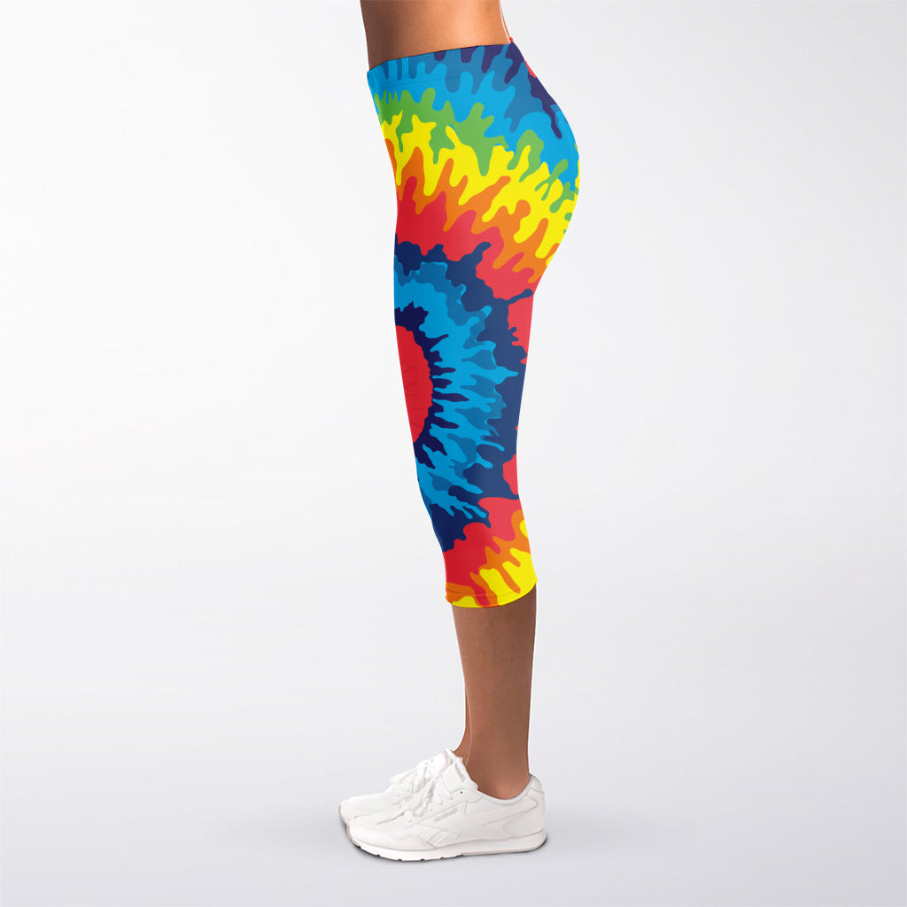 Rainbow Heart Tie Dye Print Women's Capri Leggings