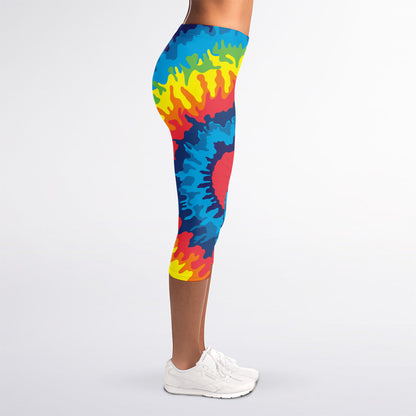 Rainbow Heart Tie Dye Print Women's Capri Leggings