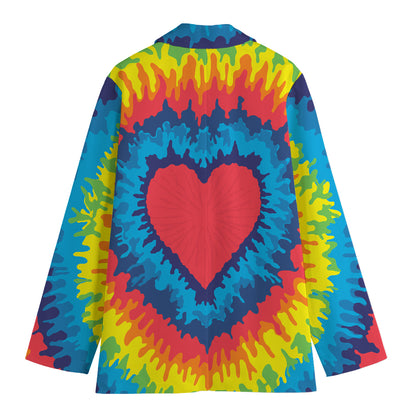 Rainbow Heart Tie Dye Print Women's Cotton Blazer