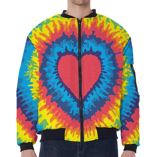 Rainbow Heart Tie Dye Print Zip Sleeve Bomber Jacket