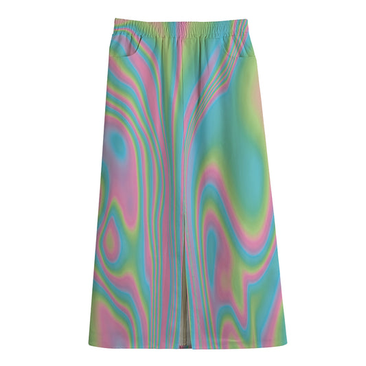 Rainbow Holographic Print Cotton Front Slit Maxi Skirt
