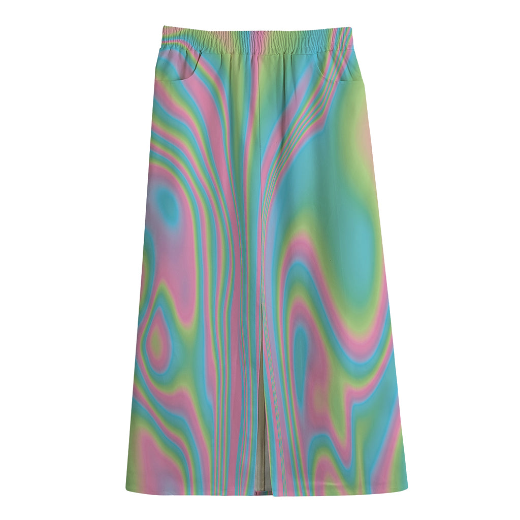 Rainbow Holographic Print Cotton Front Slit Maxi Skirt