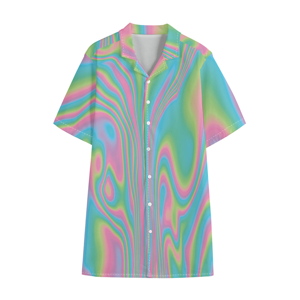 Rainbow Holographic Print Cotton Hawaiian Shirt