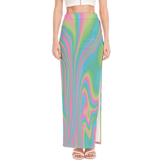 Rainbow Holographic Print High Slit Maxi Skirt