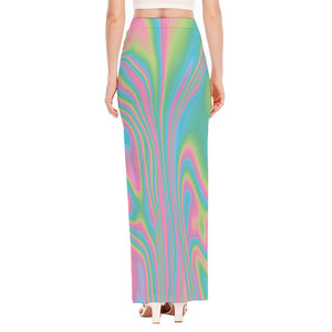 Rainbow Holographic Print High Slit Maxi Skirt