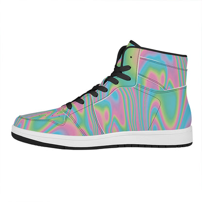 Rainbow Holographic Print High Top Leather Sneakers