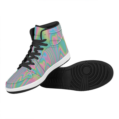 Rainbow Holographic Print High Top Leather Sneakers