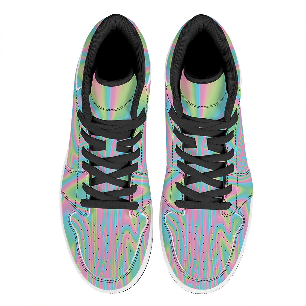 Rainbow Holographic Print High Top Leather Sneakers