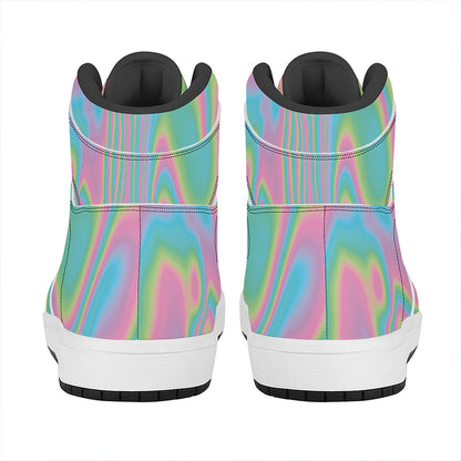 Rainbow Holographic Print High Top Leather Sneakers