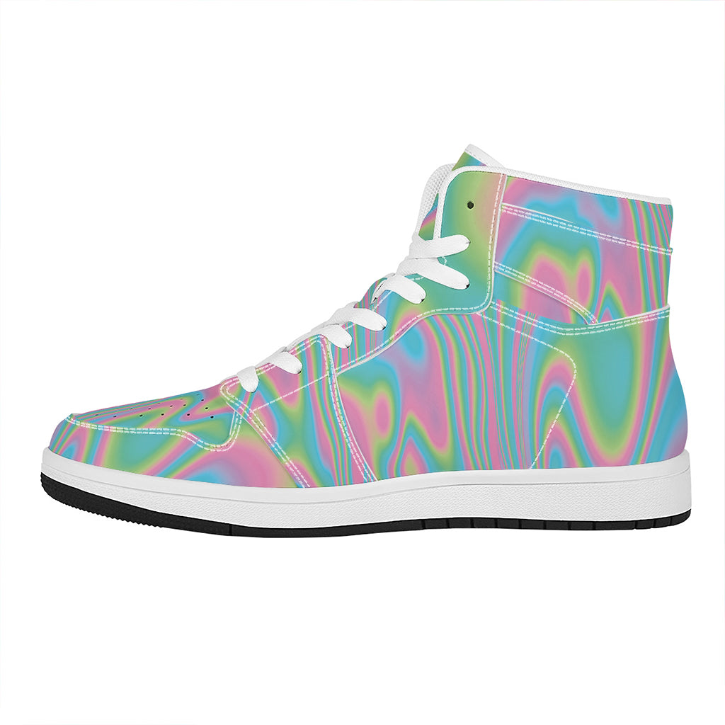 Rainbow Holographic Print High Top Leather Sneakers