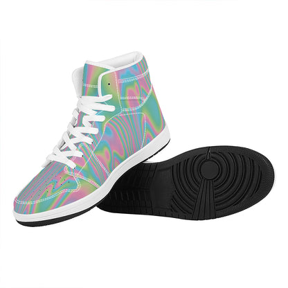 Rainbow Holographic Print High Top Leather Sneakers