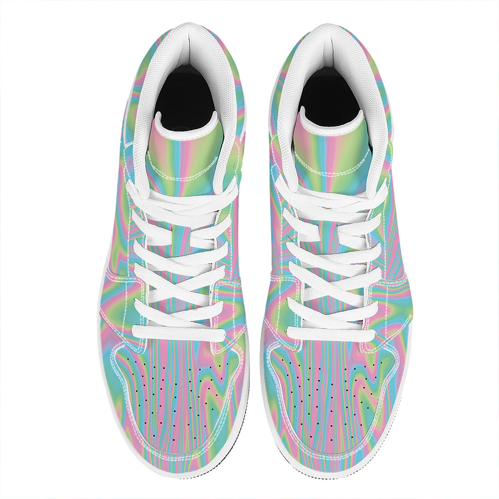 Rainbow Holographic Print High Top Leather Sneakers