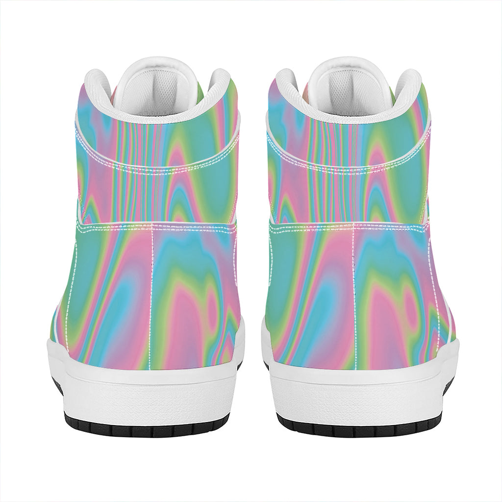 Rainbow Holographic Print High Top Leather Sneakers