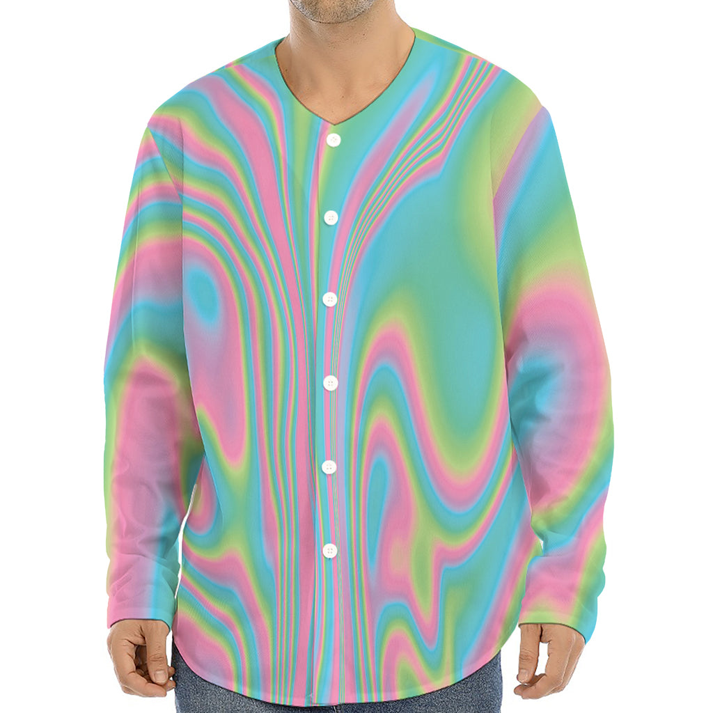 Rainbow Holographic Print Long Sleeve Baseball Jersey