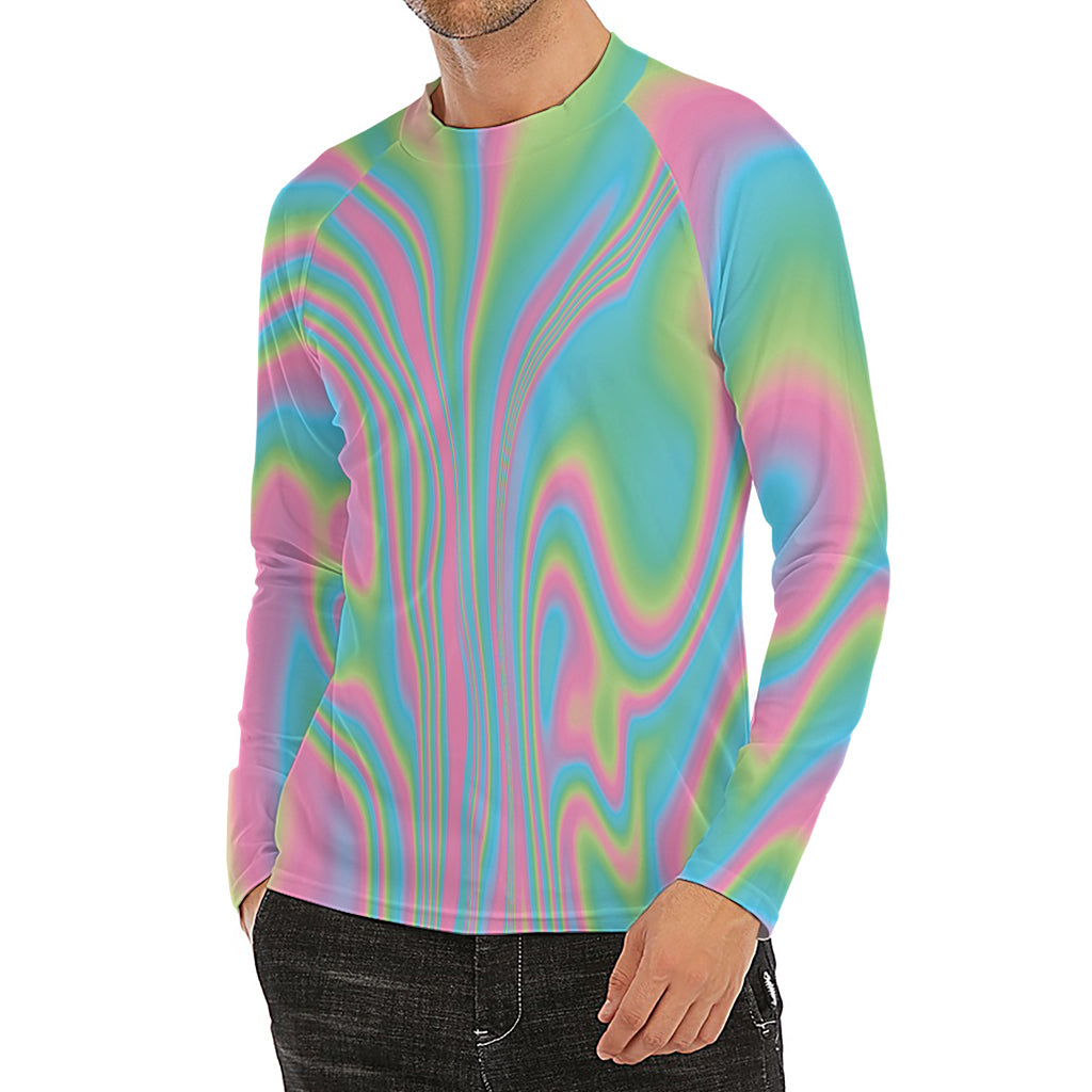 Rainbow Holographic Print Men's Long Sleeve Rash Guard