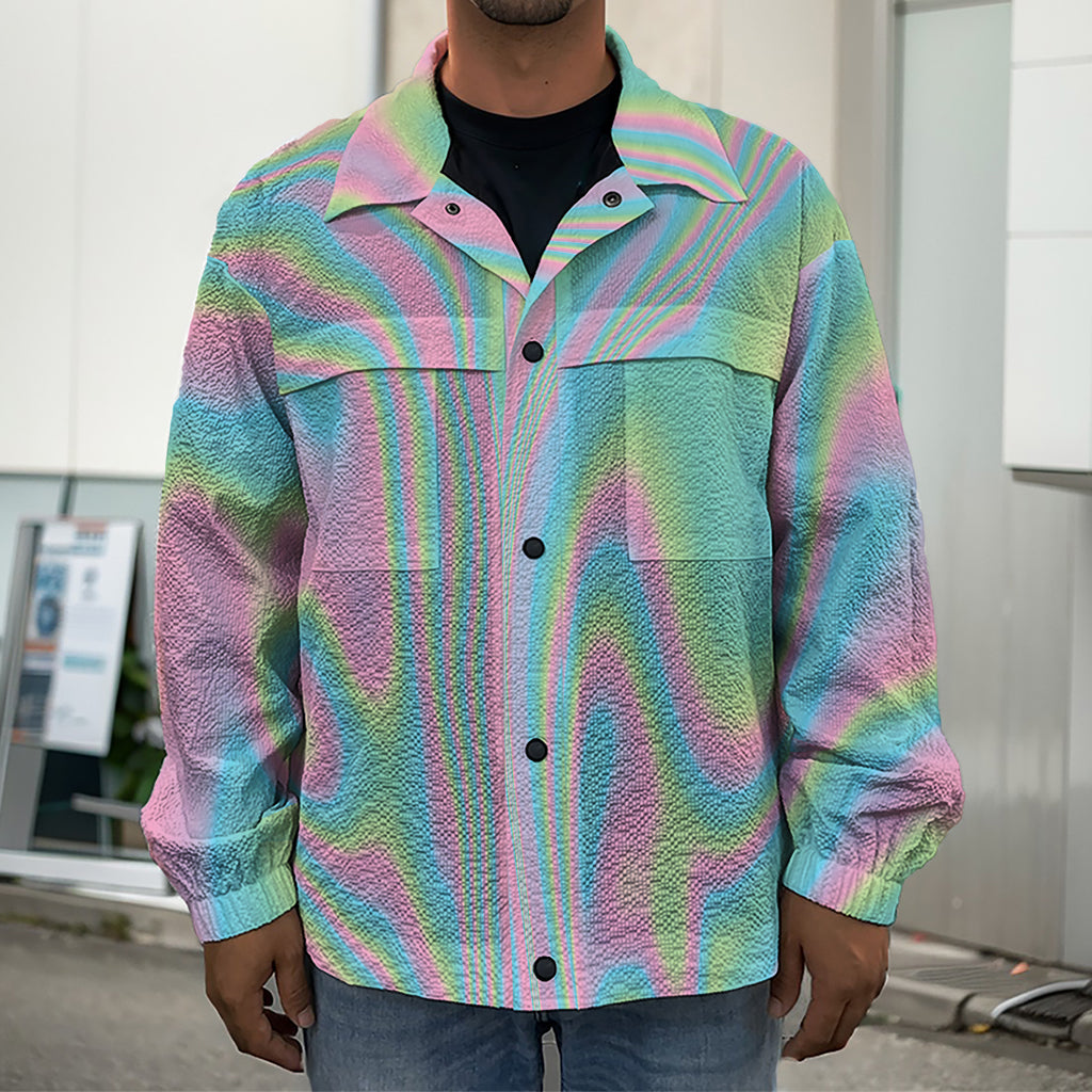 Rainbow Holographic Print Men's Shirt Jacket