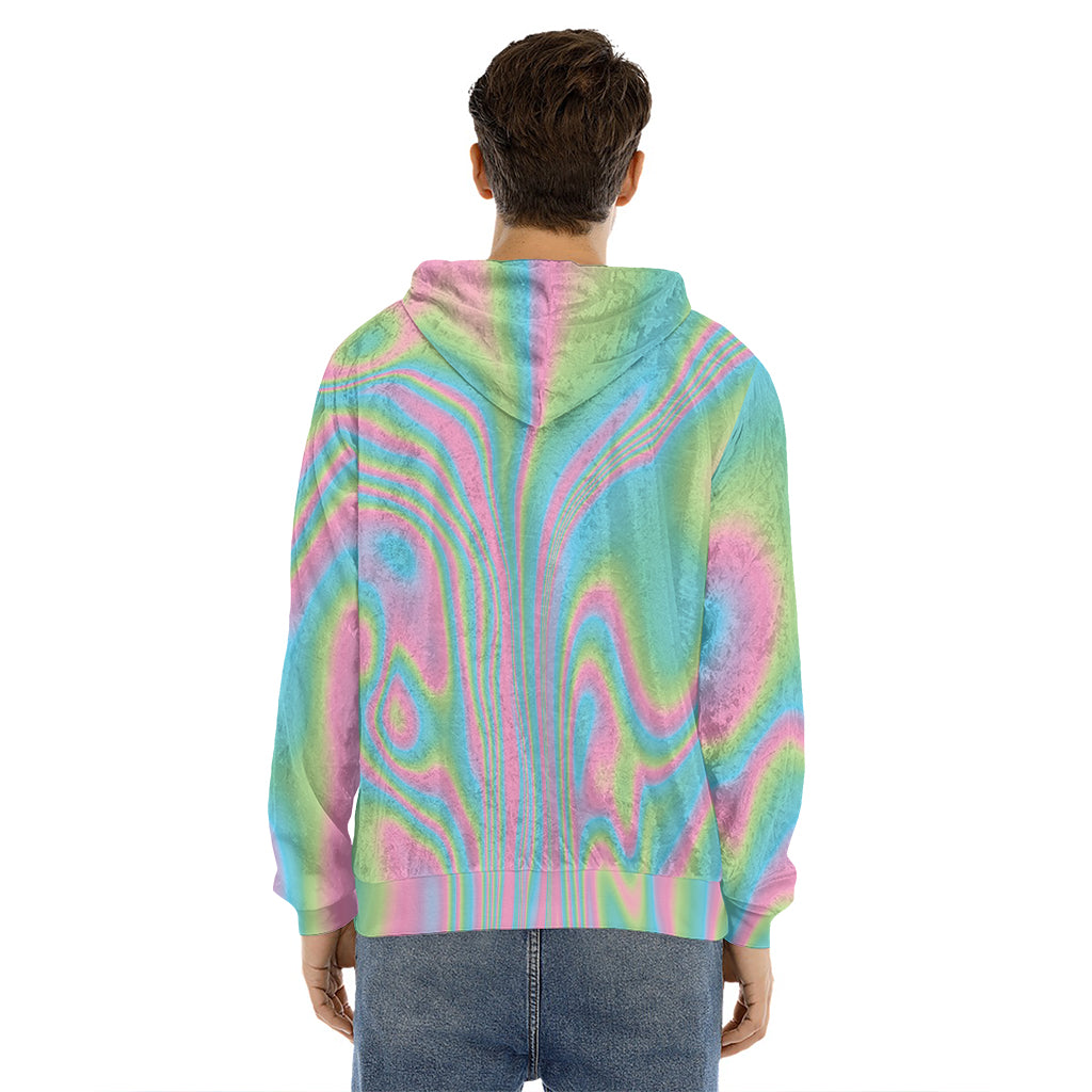Rainbow Holographic Print Men's Velvet Pullover Hoodie