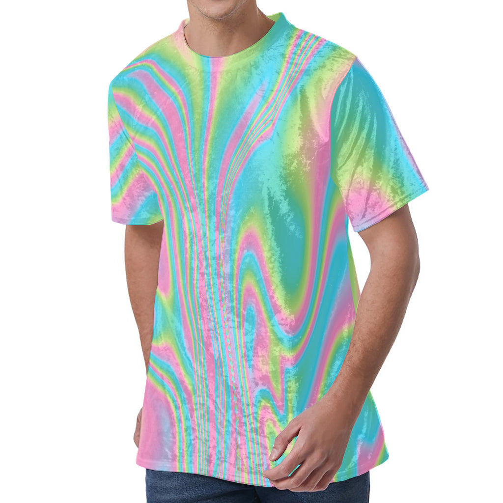 Rainbow Holographic Print Men's Velvet T-Shirt