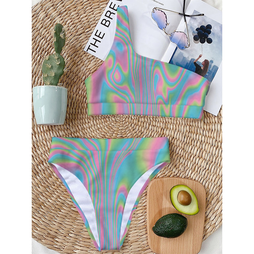 Rainbow Holographic Print One Shoulder Bikini Top