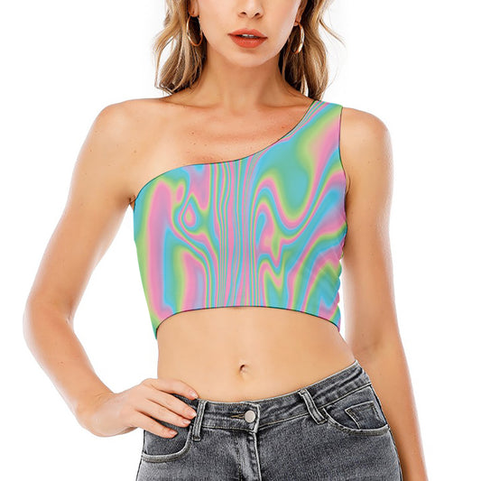 Rainbow Holographic Print One Shoulder Crop Top