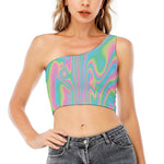 Rainbow Holographic Print One Shoulder Crop Top