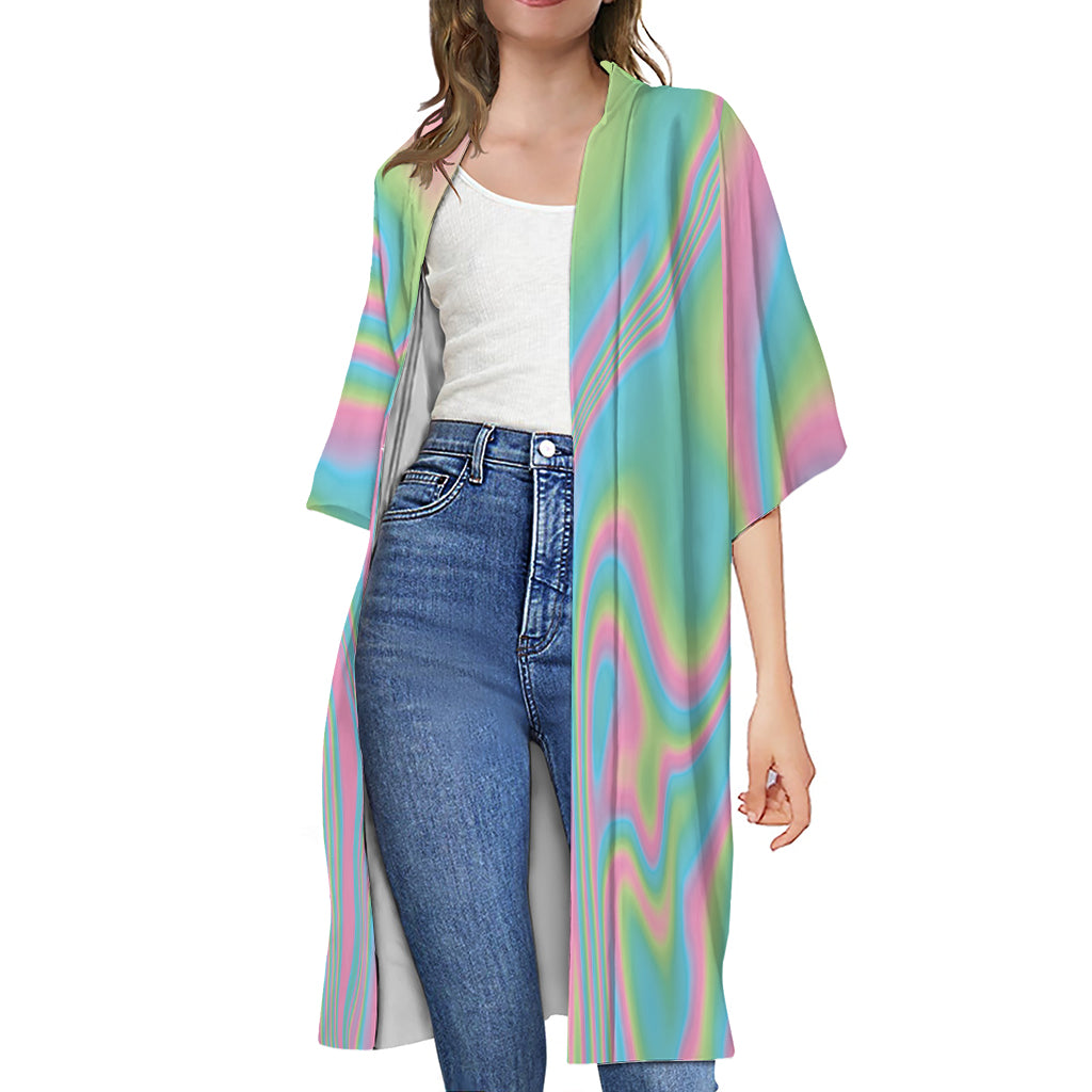 Rainbow Holographic Print Open Front Beach Cover Up