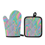Rainbow Holographic Print Oven Mitt And Pot Holder Set