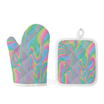 Rainbow Holographic Print Oven Mitt And Pot Holder Set
