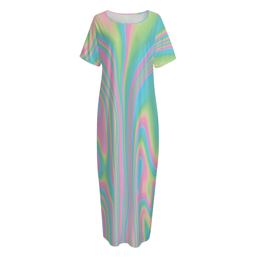 Rainbow Holographic Print Short Sleeve Long Nightdress