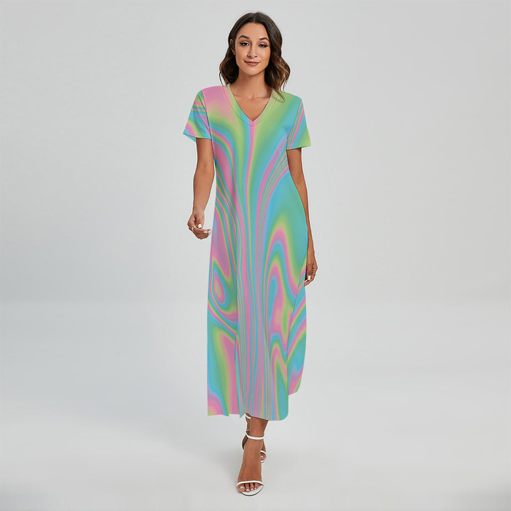 Rainbow Holographic Print Short Sleeve Maxi Dress