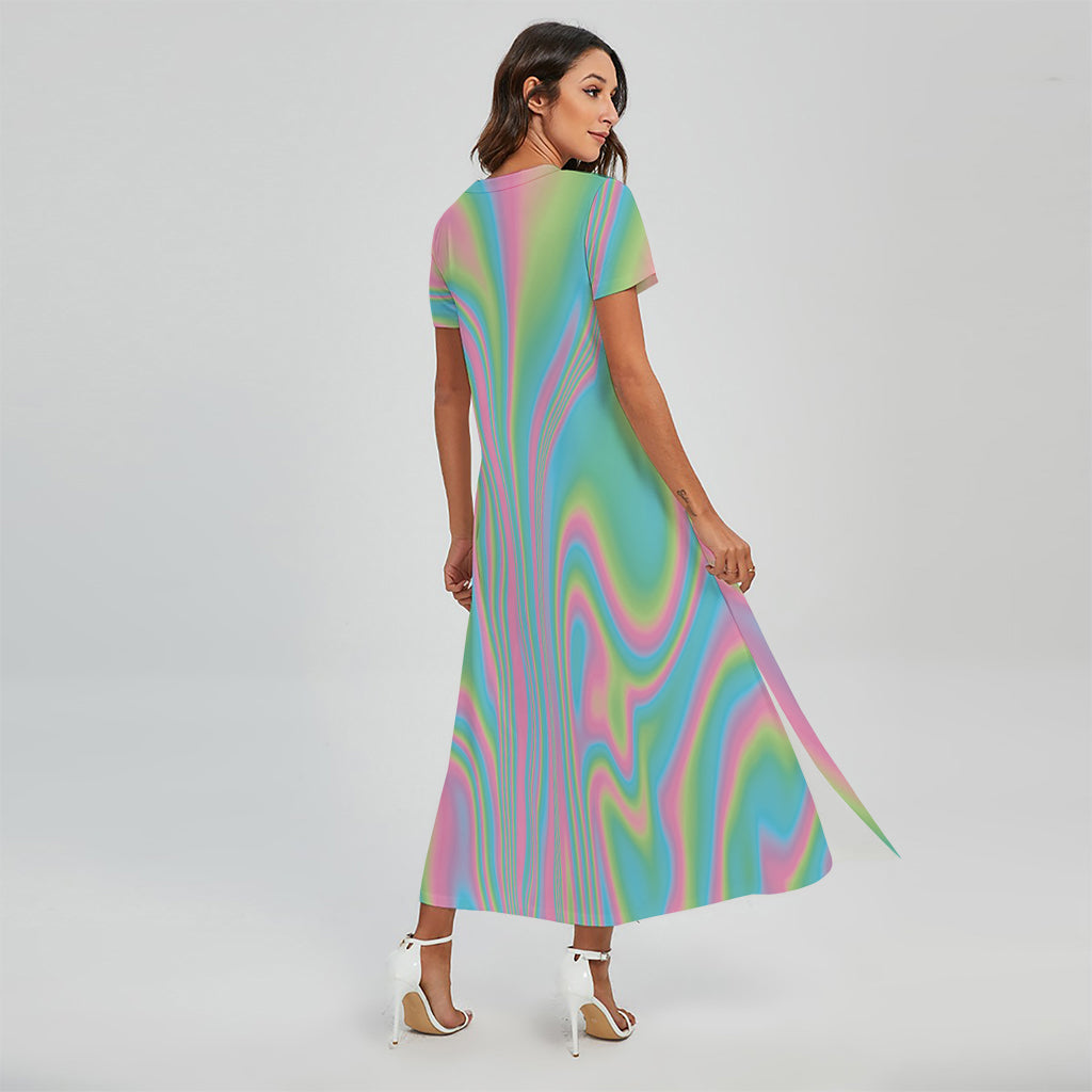 Rainbow Holographic Print Short Sleeve Maxi Dress