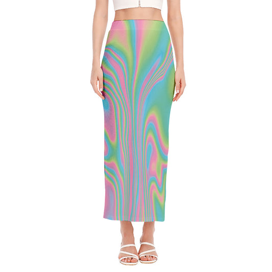 Rainbow Holographic Print Side Slit Maxi Skirt