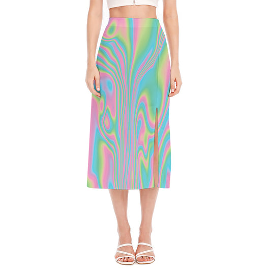 Rainbow Holographic Print Side Slit Midi Skirt