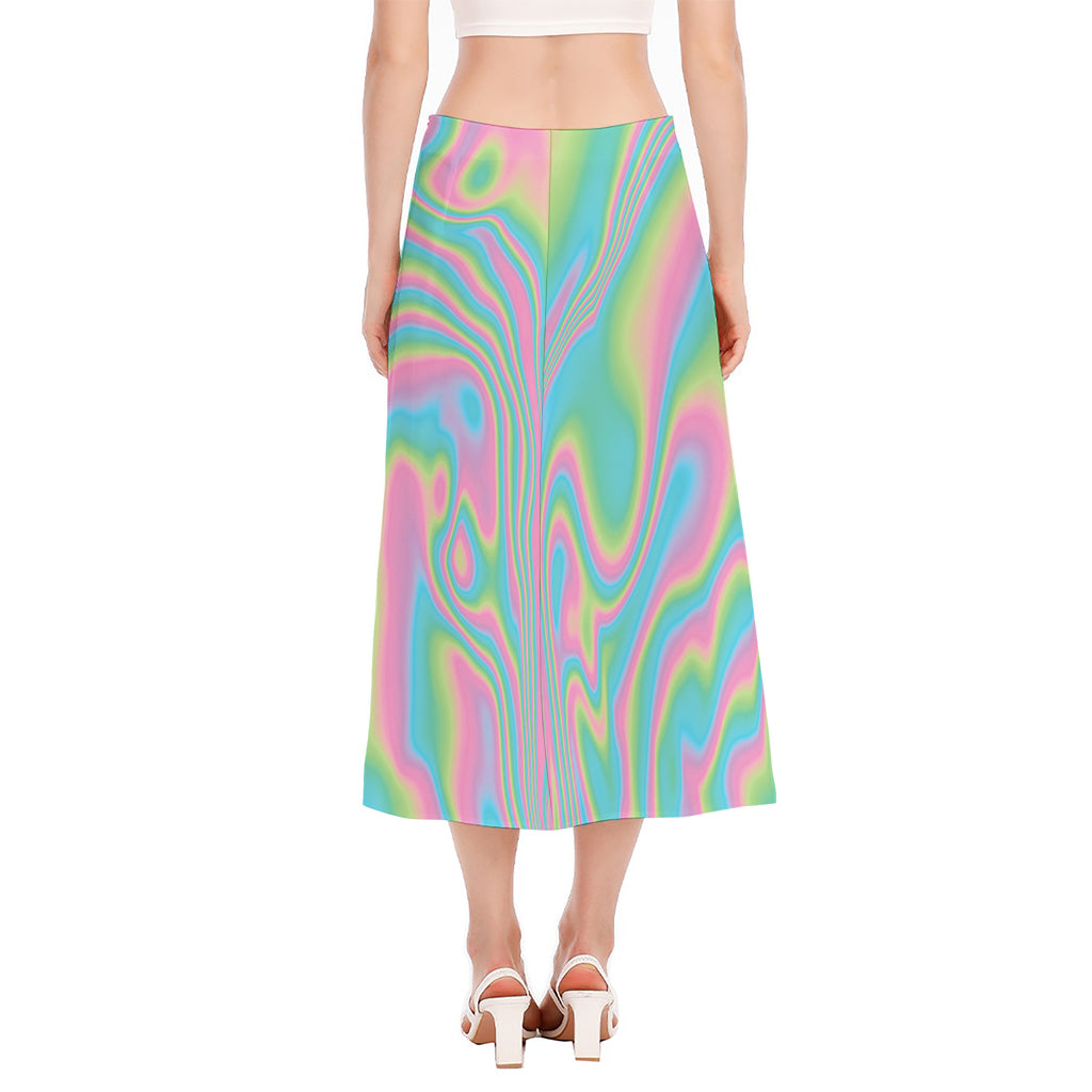 Rainbow Holographic Print Side Slit Midi Skirt