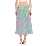 Rainbow Holographic Print Side Slit Midi Skirt